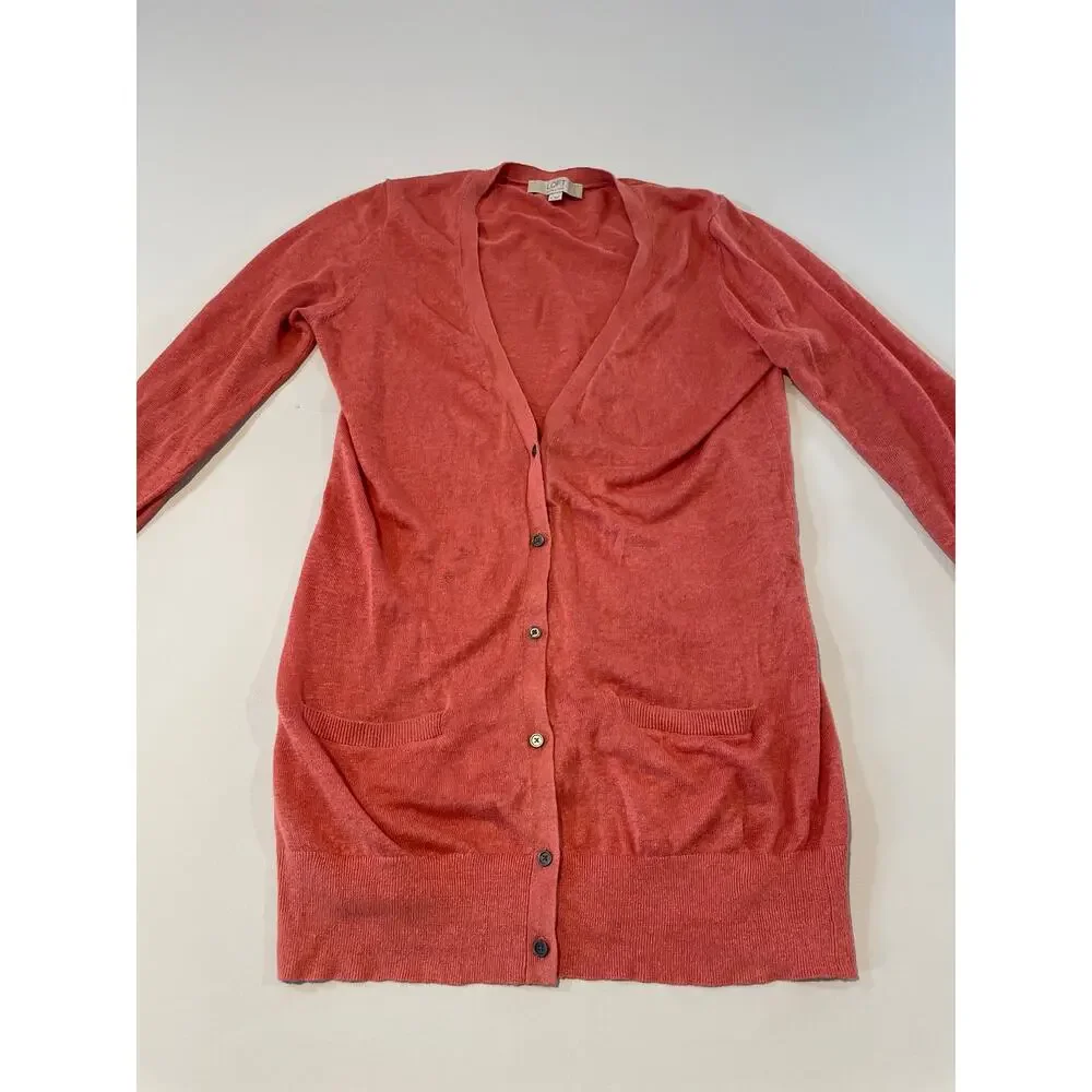 Loft Size M 100% Linen Long Cardigan Neutral Clay Orange